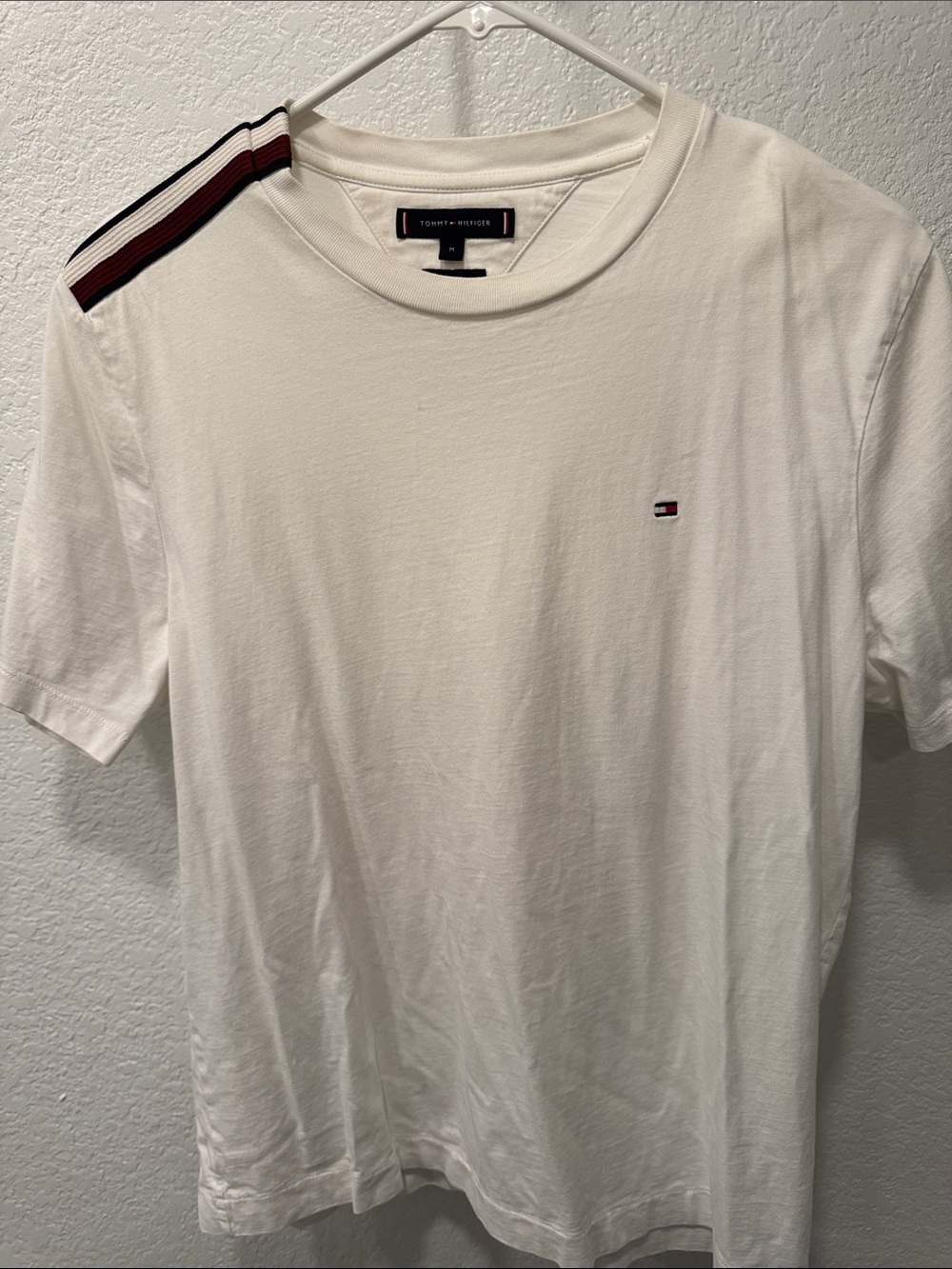Tommy Hilfiger White Crew Tee with Red & Navy Shoulder Stripes